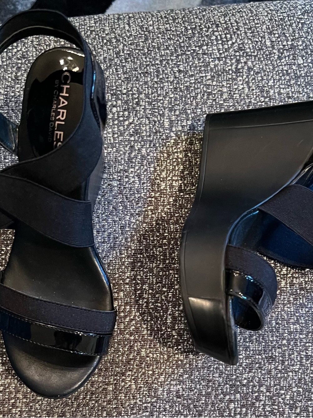 Charles by Charles David Black Patent & Elastic Platform Wedge Sandals